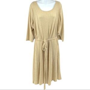 Nina Leonard sweater dress gold metallic cream ribbed long sleeve belted NEW 2X